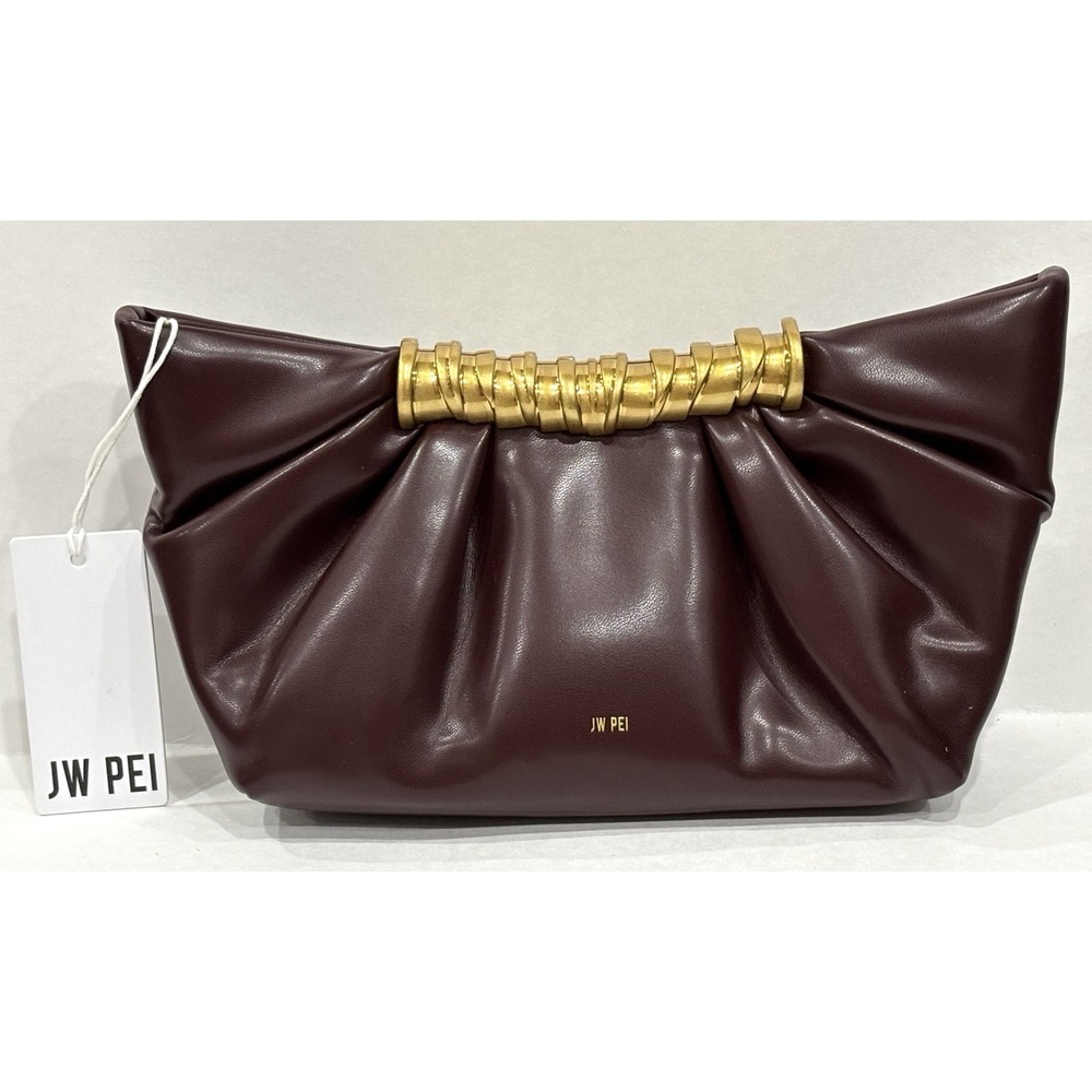 JW PEI Burgundy Vegan Leather Ruched Clutch Gold Hardware NWT Envelope Bag